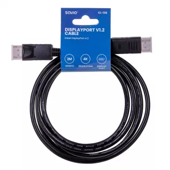 DisplayPort kabelis SAVIO CL-136, DisplayPort kištukas–kištukas, 2 m, DP 1.2, auksuoti kontaktai, juodas