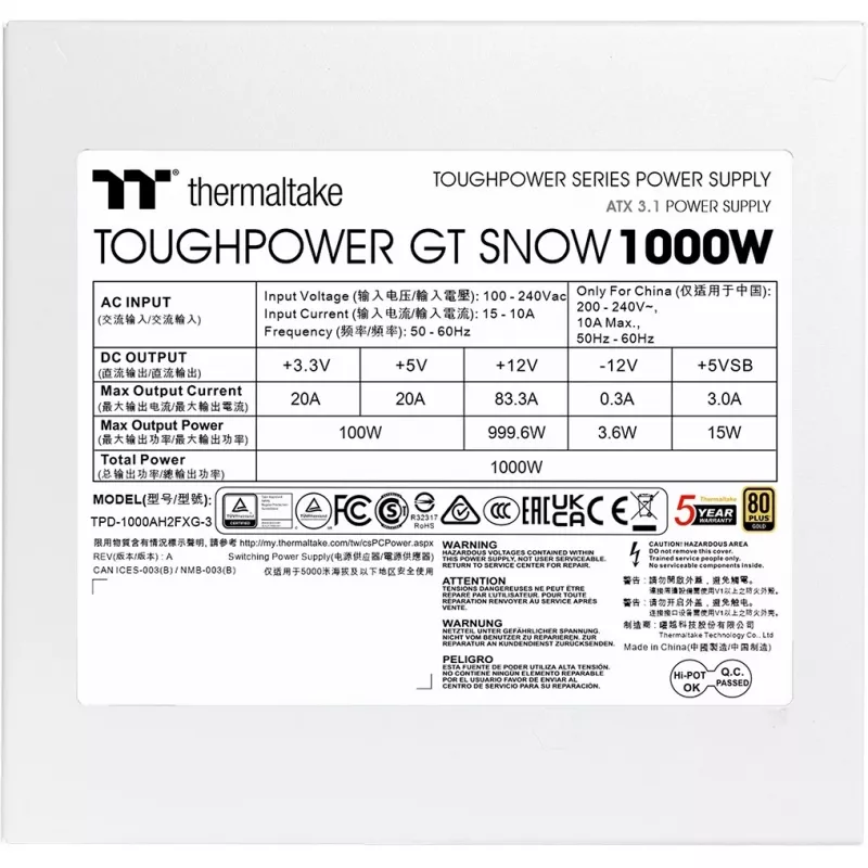 Maitinimo blokas THERMALTAKE Toughpower GT Snow 1000W ATX 24 kontaktų, 80 PLUS Gold, baltas, 120 mm ventiliatorius