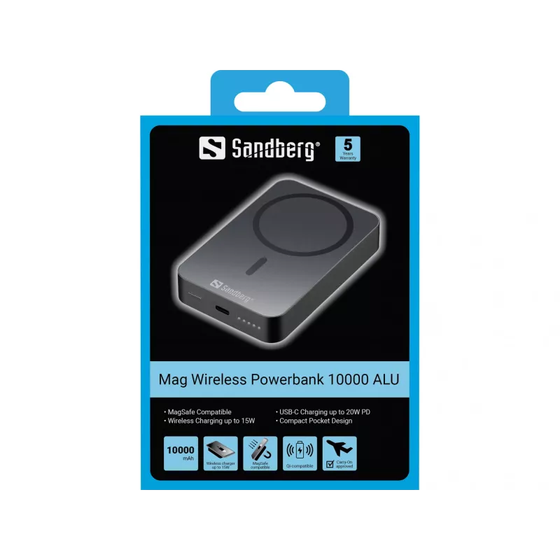Nešiojamas įkroviklis Sandberg Mag Wireless Powerbank 10000 ALU, 10000 mAh