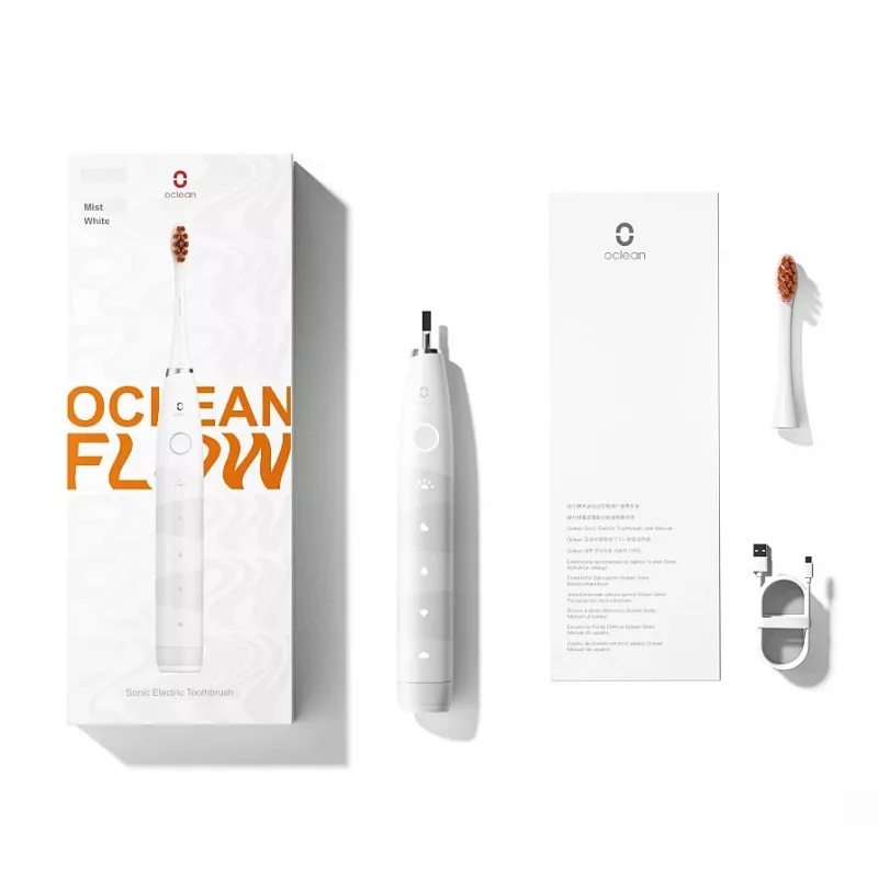 Sonic dantų šepetėlis OCLEAN FLOW suaugusiems – baterijomis maitinamas, balinimo režimas, įmontuotas laikmatis, reguliuojamas greitis, 255 mm aukštis, baltas, 0,13 kg, 1 rankena + 1 antgalis