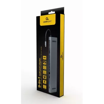 Gembird A-CM-COMBO9-01 USB Type-C 9-in-1 kelių prievadų adapteris (USB šakotuvas + HDMI + VGA + PD + kortelių skaitytuvas + LAN + 3.5 mm garsas), kosminė pilka