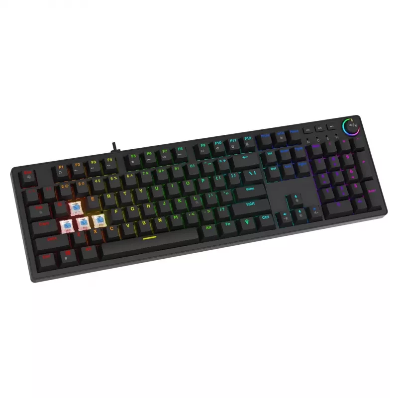 Žaidimų klaviatūra SAVIO STYX BROWN – mechaninė Outemu Brown, QZERTY US International, RGB, USB, pilno dydžio 104 klavišai, juoda