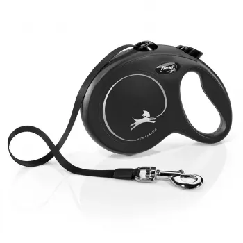 Flexi New Classic L 5 m Juoda – atsukamas pavadėlis su juostele, didelėms šunų veislėms (25–45 kg), maks. apkrova 50 kg