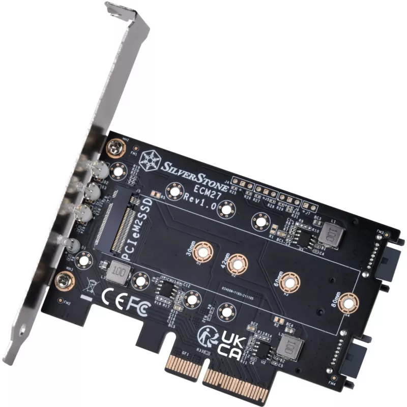 Silverstone SST-ECM27 M.2/SATA adapterio kortelė, PCIe 4.0, 1x M-Key, 2x SATA 6G – Low Profile