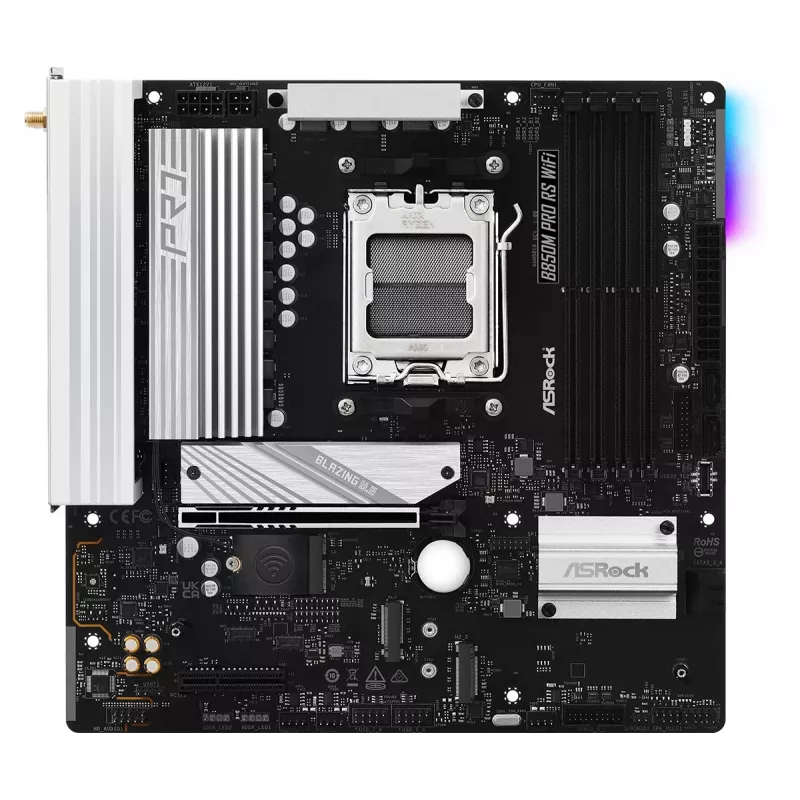 Motininė plokštė ASRock B850M Pro RS WiFi — AMD B850, Socket AM5, microATX, DDR5, 4 DIMM, 256GB, Wi‑Fi 6E, 2.5Gb LAN, 3x M.2