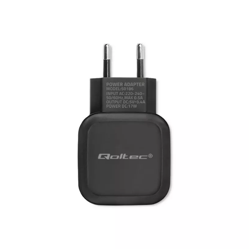 AC sieninis įkroviklis QOLTEC 50186 išmaniajam telefonui ir planšetei, 5 V 3,4 A, 17 W, 2× USB, juodas