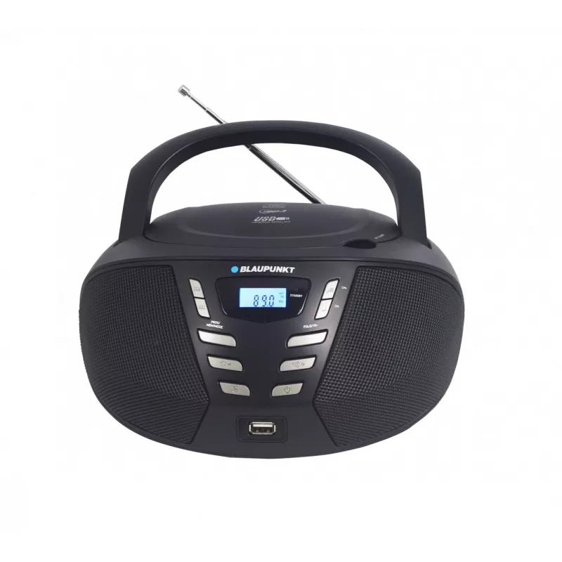 Nešiojamas CD grotuvas Blaupunkt BB7BK – MP3, FM radijas, USB, AUX, maitinimas baterijomis, 2× įmontuoti garsiakalbiai, 240×230×128 mm
