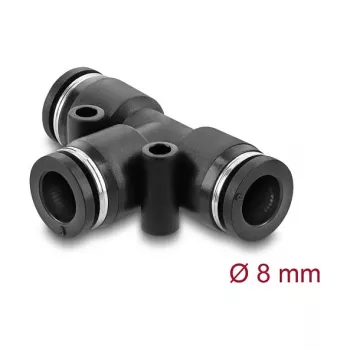 Pneumatinis T formos jungtis DELOCK 8 mm, moteriškas sriegis, metalinis/plastikinis korpusas, 46 mm, dvi tvirtinimo angos