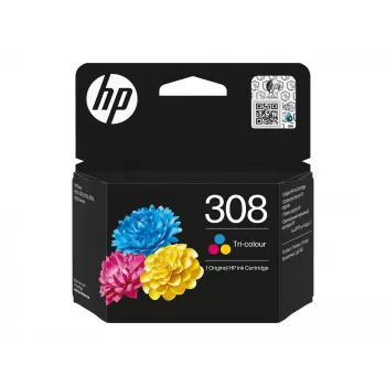 HP 308 Tri-color Original rašalo kasetė, standartinė išeiga, žydra, rausvai raudona, geltona, dažų pagrindu, 1 vnt., 120 puslapių, kombinuotas paketas