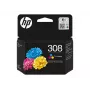 HP 308 Tri-color Original rašalo kasetė, standartinė išeiga, žydra, rausvai raudona, geltona, dažų pagrindu, 1 vnt., 120 puslapių, kombinuotas paketas