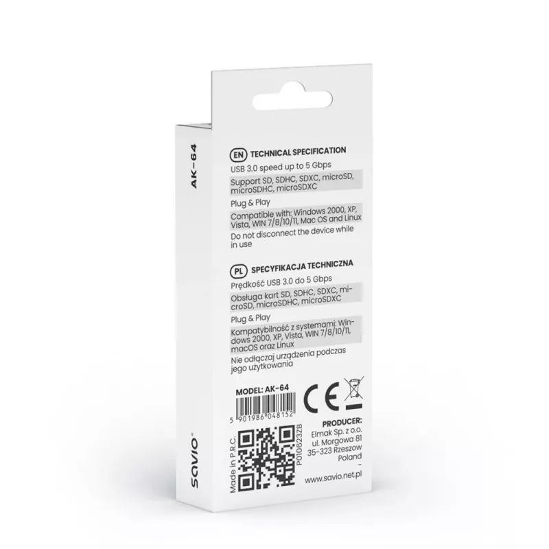 SAVIO AK-64 USB 3.2 Gen 1 kortelių skaitytuvas, Type-A, MicroSD lizdas, 5000 Mbit/s, juodas