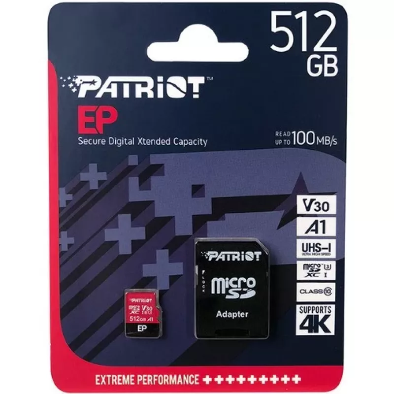 PATRIOT EP 512GB MicroSDXC atminties kortelė UHS-I U3 V30 A1, 90 MB/s skaitymas, su adapteriu