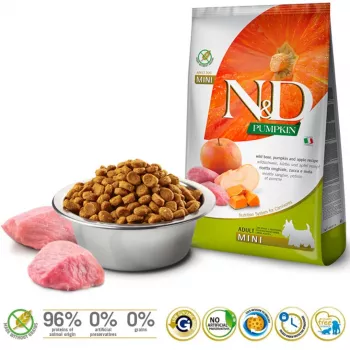 Sausas šunų ėdalas Farmina N&D Pumpkin Adult Mini Boar & Apple — 7 kg, be grūdų, 30% baltymų, 18% riebalų, suaugusiems mažiems šunims
