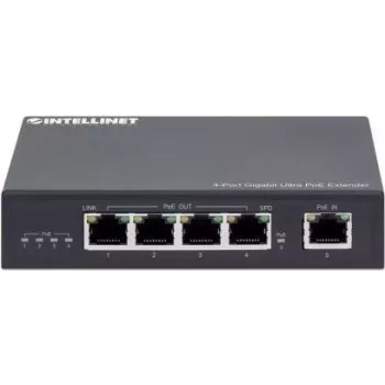 Intellinet 4 prievadų Gigabit Ultra PoE plėtiklis, praplečia atstumą iki 100 m, 90 W PoE biudžetas, keturi PSE prievadai iki 30 W, IEEE 802.3bt/at/af, metalinis korpusas