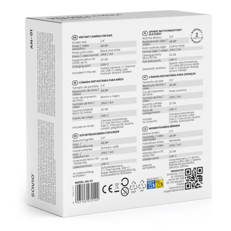 Momentinė spausdinimo kamera SAVIO AN-01 vaikams, balta, 2,4 colio LCD, MicroSDHC iki 32 GB, USB-C, 1200 mAh baterija, be įmontuotos blykstės