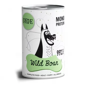 Šlapias šunų ėdalas PAKA ZWIERZAKA Pepe Wild Boar 400 g – suaugusiems, šernienos skonio, 8,2% baltymų, 6,2% riebalų, skardinė
