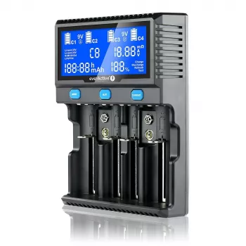 everActive UC-4200 universalus akumuliatorių kroviklis 12V 3A, palaiko AA/AAA/C/9V, 4 ląstelės, juodas, su ekranu