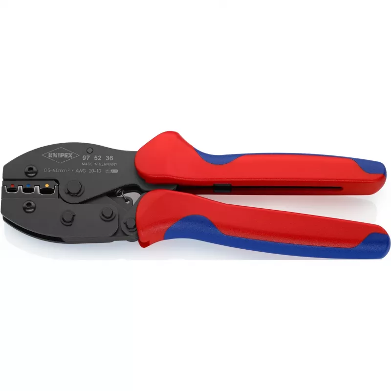 Krimpavimo replės Knipex PreciForce 975236 SB – izoliuotos rankenos, juoda, mėlyna, raudona