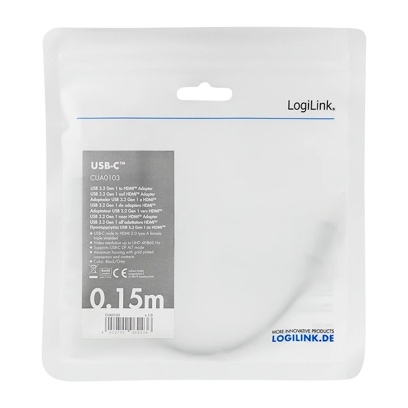 LogiLink CUA0103 USB 3.2 Gen1 Type-C į HDMI-A laidas 0,15 m juodai pilkas