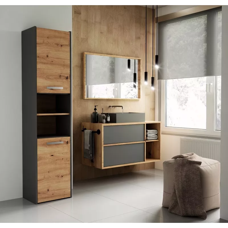 Vonios spintelė ant grindų Topeshop S40 ANTRACYT/ARTISAN, laisvai pastatoma, 400×300×1700 mm, 6 lentynų, 2 durys