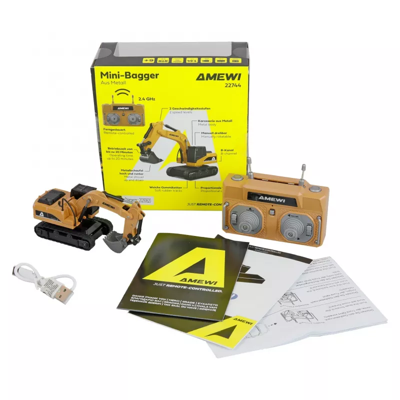 RC ekskavatoriaus modelis Amewi 22744 1:64 skalė, elektrinis variklis, LiPo 200 mAh, nuo 6 metų