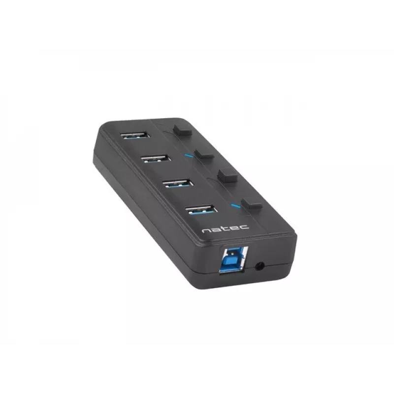 Natec Mantis 2 NHU-1557 USB 3.0 skirstytuvas 4 prievadų, USB Type-B įvestis, įjungimo/išjungimo mygtukai, maitinimo blokas, juodas