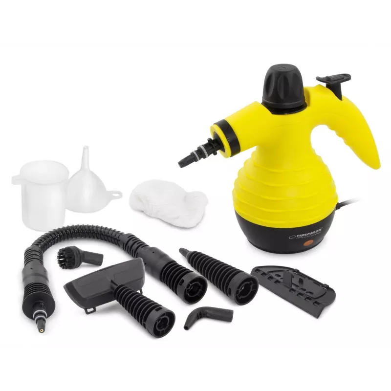 Nešiojamas garinis valytuvas ESPERANZA EHS001 — 0,35 L, 900 W, 3 bar, 115°C, 40 g/min, su antgaliais grindims, apmušalams ir šepečiu