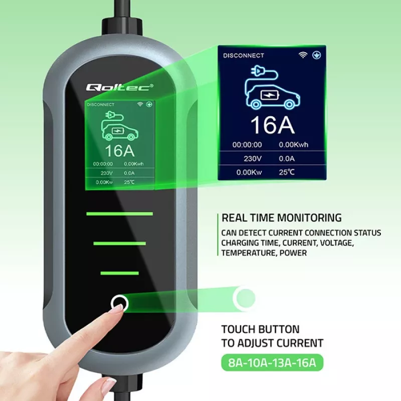 QOLTEC Mobile EV 2in1 Type2 11 kW 400 V Wi-Fi TUYA SMART LIFE LCD nešiojama sieninė dėžutė su 5 m laidu