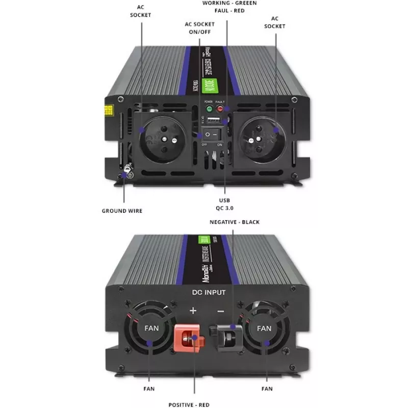 QOLTEC Monolith 3000 MS Wave keitiklis, 12V→230V, 1500/3000W, su USB