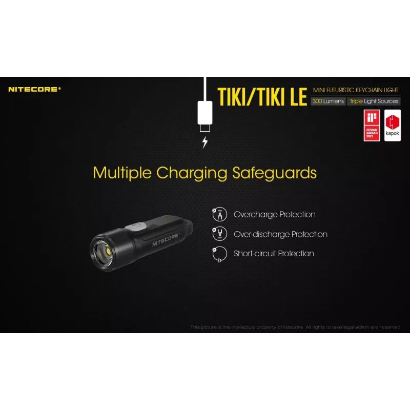Rankinis žibintuvėlis Nitecore TIKI LE — 300 lm, įkraunamas per USB, polikarbonatas, IP66, atsparus smūgiams, 10,5 g, 55 mm, Juoda