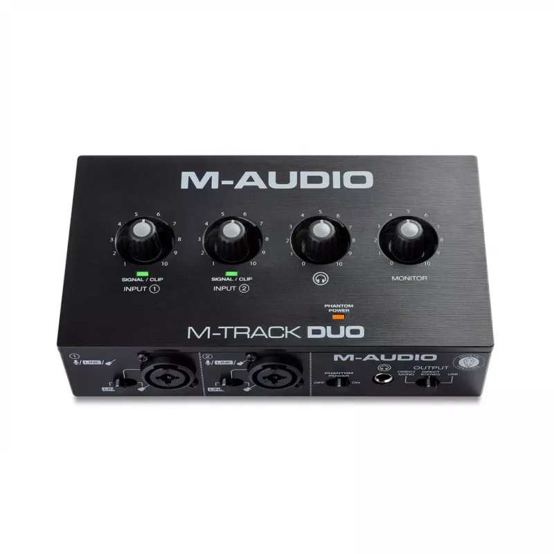 Garso sąsaja M-Audio M-Track Duo USB 2-in/2-out, 16 bitų / 48 kHz, 1x XLR/TS kombinuotas, 1x instrumentinis įėjimas, fantominis maitinimas 48 V