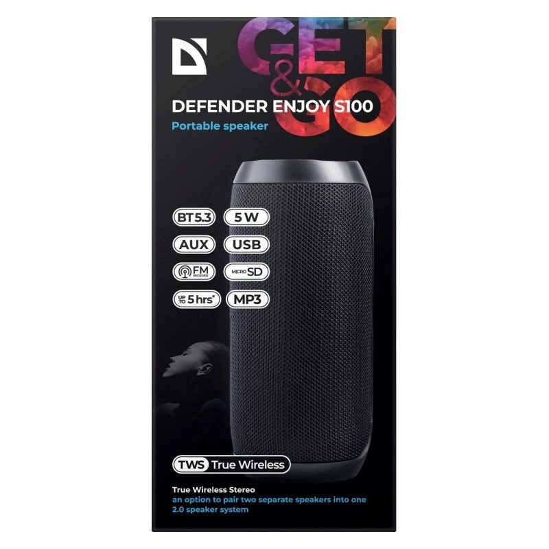 Nešiojamas Bluetooth garsiakalbis DEFENDER ENJOY S100 — 10W, Bluetooth 5.3, 5h baterija, LED apšvietimas, įmontuotas mikrofonas