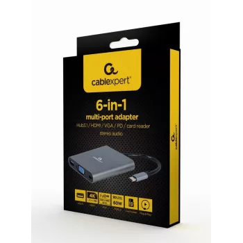 Gembird A-CM-COMBO6-01 USB-C 6-in-1 adapteris, USB 3.1 Gen 1, HDMI 4K, VGA, PD 60 W, SD/microSD kortelių skaitytuvas, 3,5 mm garso išėjimas, pilkas