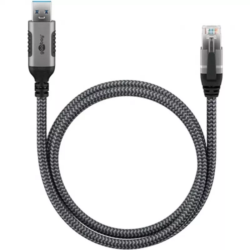 Ethernet kabelis USB-A 3.2 Gen1 kištukas > RJ-45 kištukas, LAN adapteris juodas/sidabrinis, 5 m, pintas tekstilinis apvalkalas