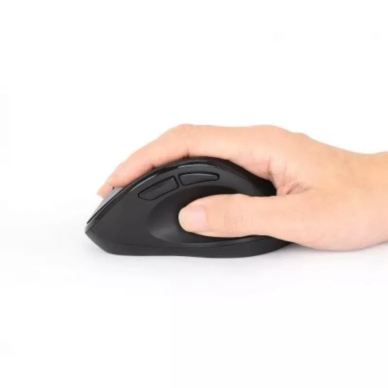 Manhattan ergonominė belaidė pelė, dešiniarankiams, reguliuojama 800/1200/1600 dpi, 2,4 GHz (iki 10 m), šeši mygtukai su slinkimo ratuku, kombinuotas USB-A ir USB-C imtuvas, juoda, AA baterija (įtraukta), trejų metų garantija