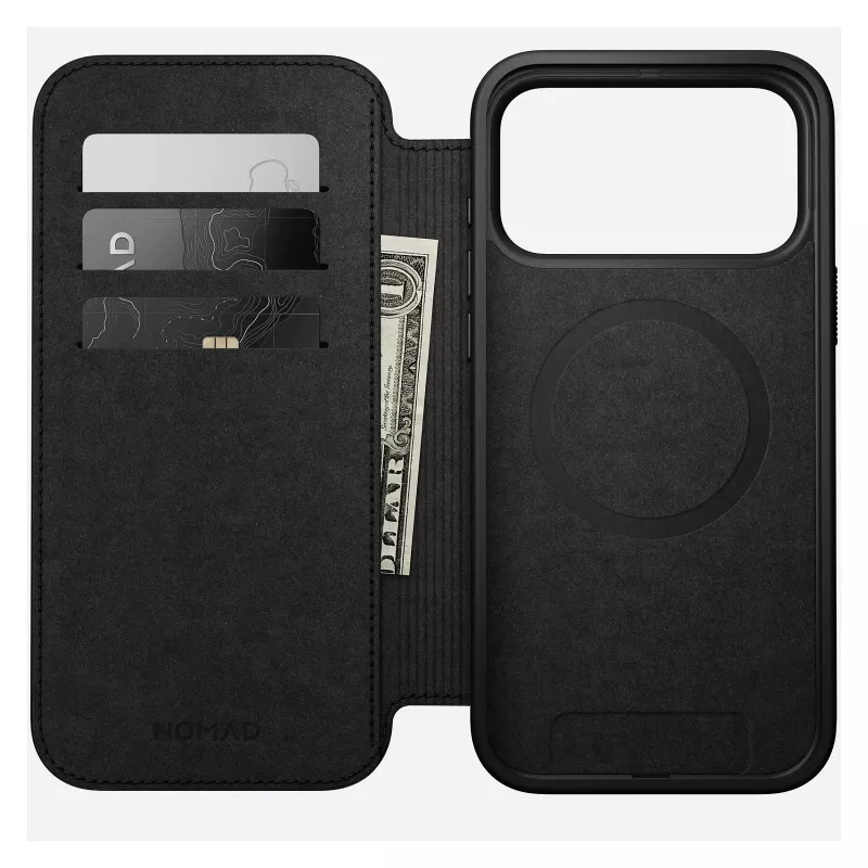 Nomad Modern Leather Folio dėklas iPhone 17 Pro Max – Tan (rudas), tinka iki 17,5 cm (6,9 colio) ekranui, 4 kortelių kišenės