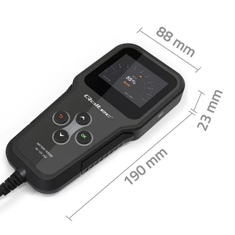 Qoltec 52489 Skaitmeninis akumuliatoriaus analizatorius 3-in-1 su LCD ir keliomis kalbomis 6V | 12V | 24V | 30Ah-200Ah