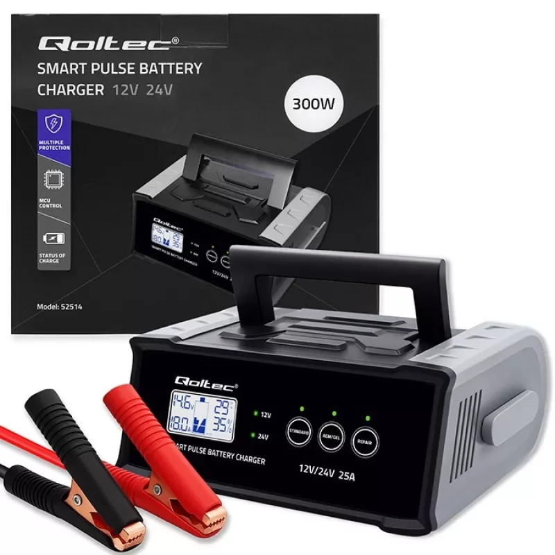 Akumuliatoriaus įkroviklis QOLTEC 52514 — 12V/24V, 25A, AGM/GEL/SLA akumuliatoriams su LCD ekranu