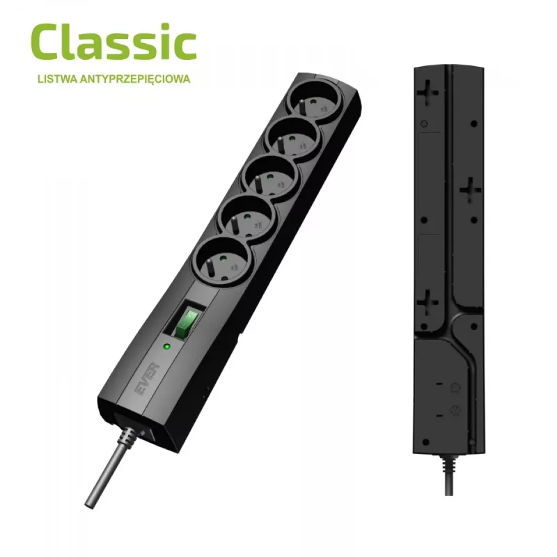 Apsauginis maitinimo ilgintuvas EVER CLASSIC 5x E tipo lizdai, 250 V, 1,5 m laidas, 175 J, su jungikliu