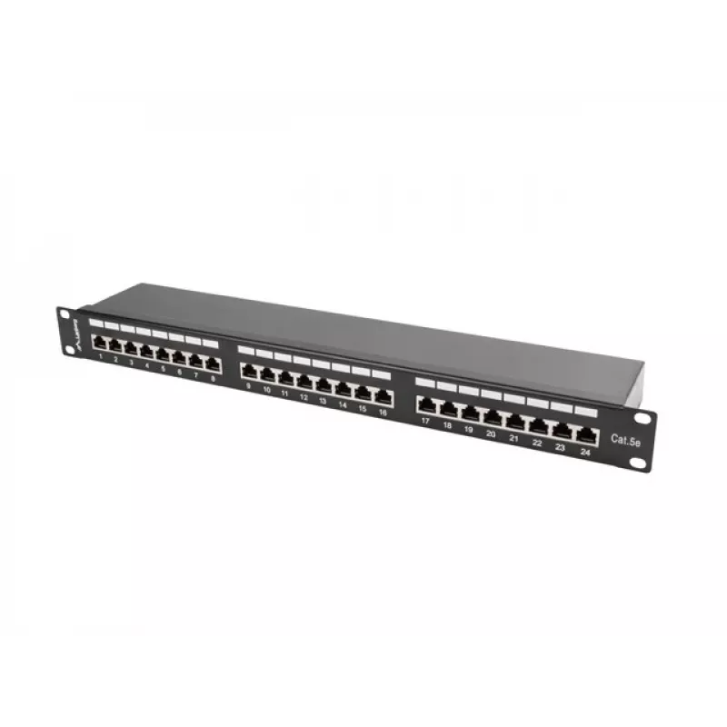 Patch panel 1U LANBERG PPS5-1024-B — 24 prievadų RJ-45 Cat5, metalinis, juodas, montavimui į stelažą