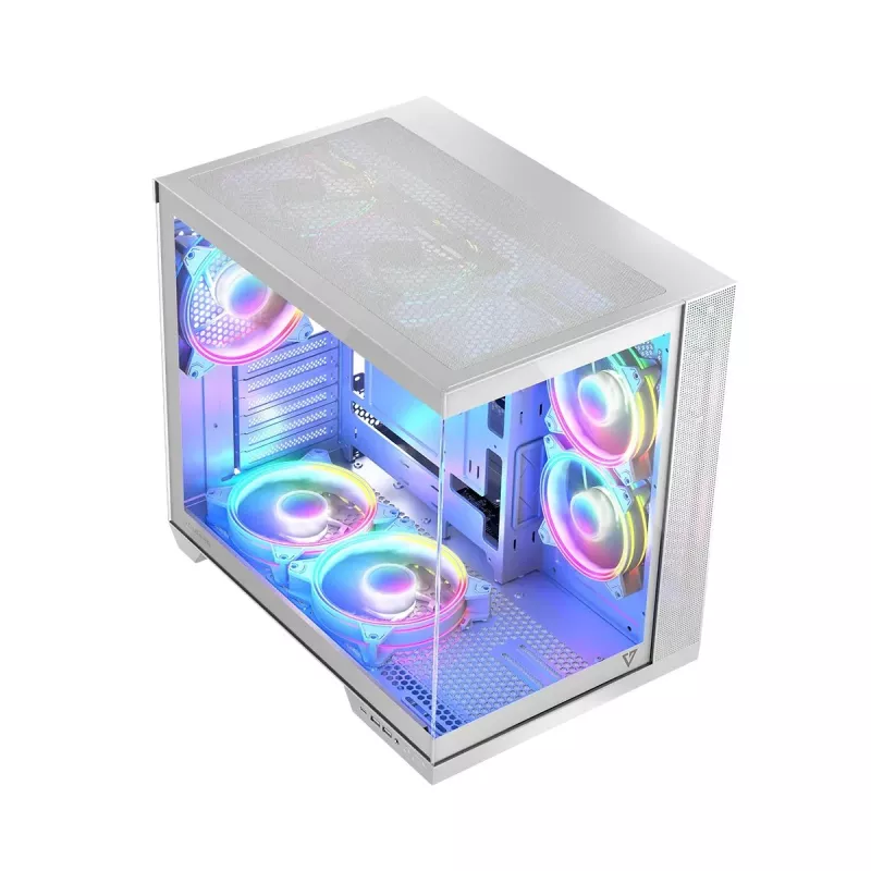 Korpusas MODECOM Volcano Panorama Midi Tower baltas – micro ATX, grūdintas stiklas, ARGB, USB-C, palaiko GPU iki 400 mm