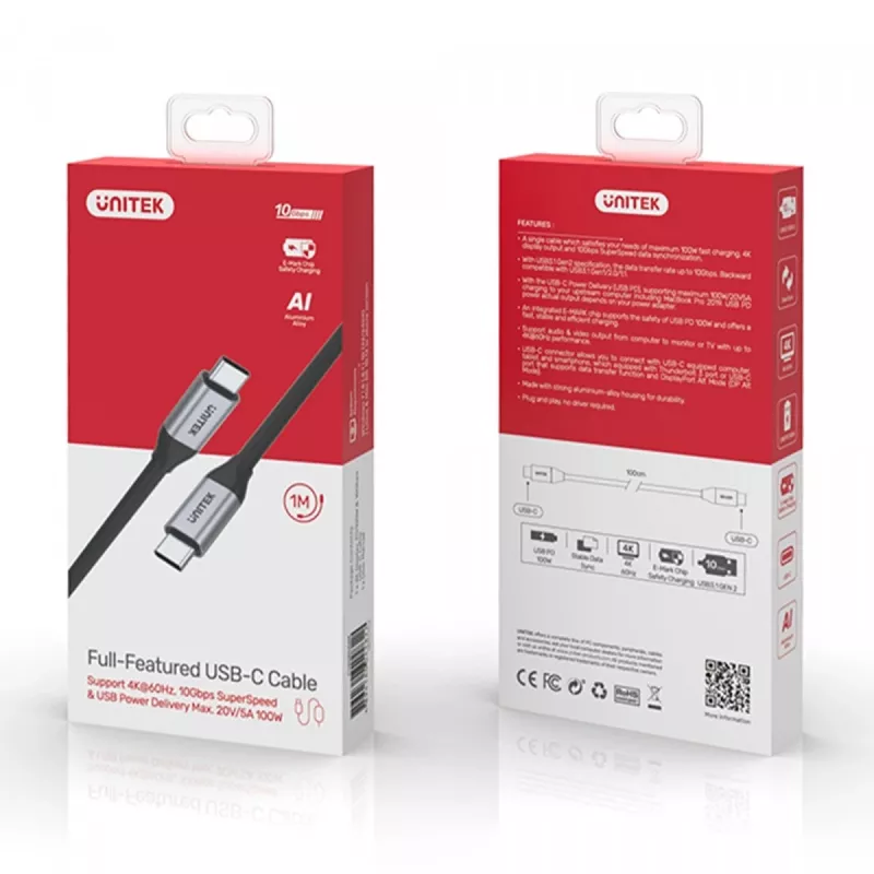 USB C į C duomenų ir įkrovimo kabelis Unitek C14082ABK 1 m, USB 3.2 Gen 2 (10 Gbit/s), 100 W PD, juodas