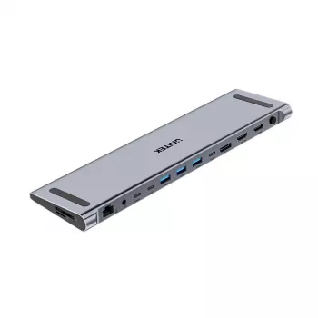 KVM jungiklis Unitek D1106AGY01 USB-C triguba 4K dokų stotelė su KVM, 3x USB-A, 5x USB-C, HDMI×2, DP×1, RJ-45, SD skaitytuvas, 3840×2160@60Hz, aliuminis