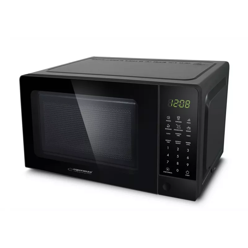 Solo mikrobangų krosnelė ESPERANZA EKO009 — 700 W, 20 L, LED ekranas, jutiklinis valdymas, 24,5 cm stiklinė plokštelė, juoda