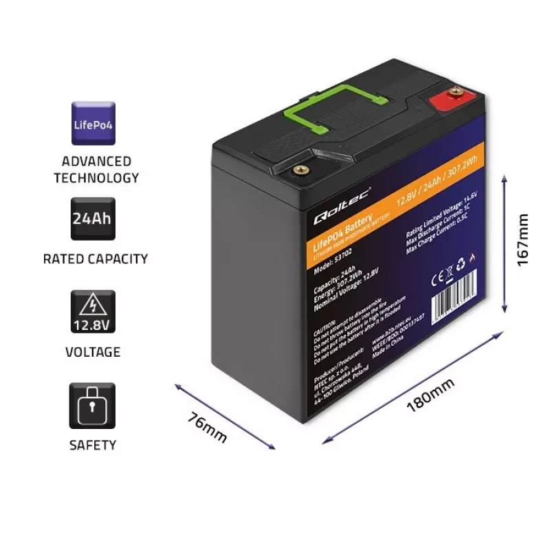 Qoltec 53702 LiFePO4 ličio geležies fosfato baterija | 12,8V | 24Ah | 307,2Wh | BMS