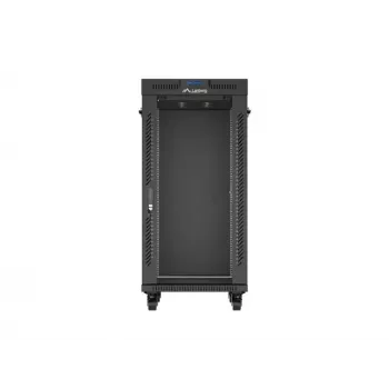 Tinklo spintos stovas LANBERG 19 colių 24U 600x800 mm juodas su stiklinėmis durimis ir LCD išpjova (Flat Pack) v2