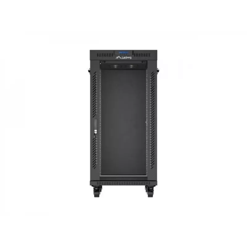 Tinklo spintos stovas LANBERG 19 colių 24U 600x800 mm juodas su stiklinėmis durimis ir LCD išpjova (Flat Pack) v2