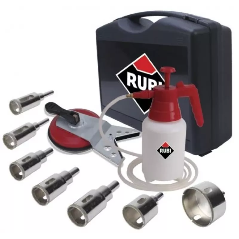 Gręžtų rinkinys RUBI Easy Gres Plus Kit — 7 vnt deimantiniai gręžtai, 27 mm ilgio, porcelianui, su laikymo dėklu