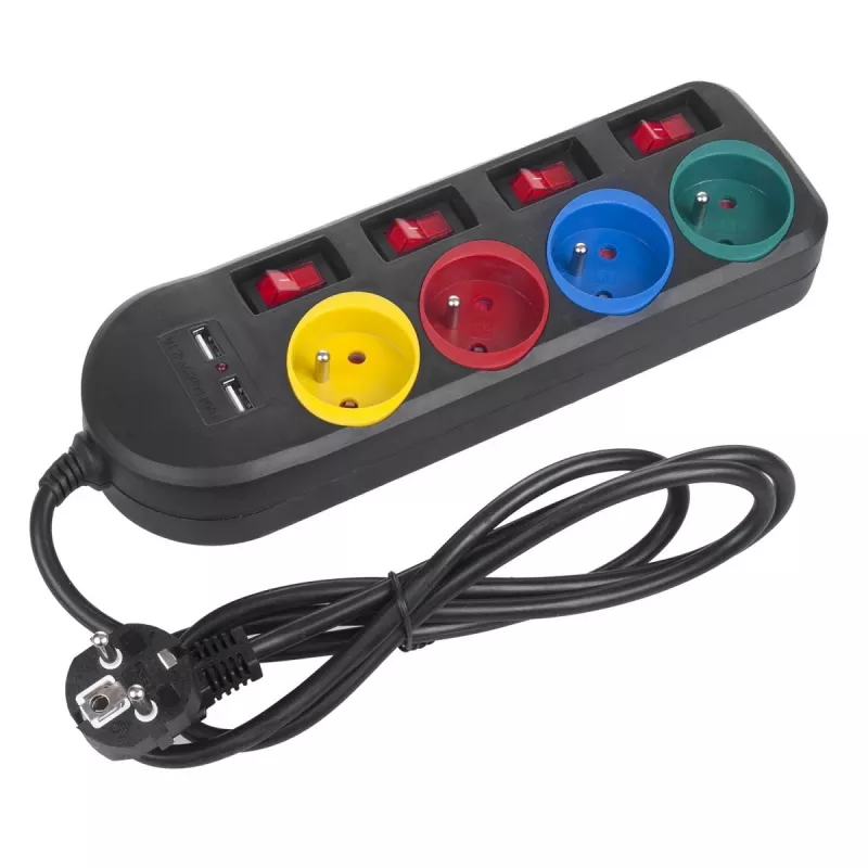 Maitinimo blokas MACLEAN MCE229B – 4 kištukiniai lizdai, 2× USB-A, 1,5 m laidas, 10 A, F tipas, vidaus patalpoms, juoda