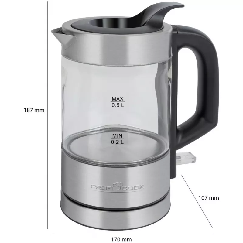 ProfiCook PC-WKS 1228 G elektrinis virdulys 0,5 L 1100 W Nerūdijantis plienas, Skaidrus